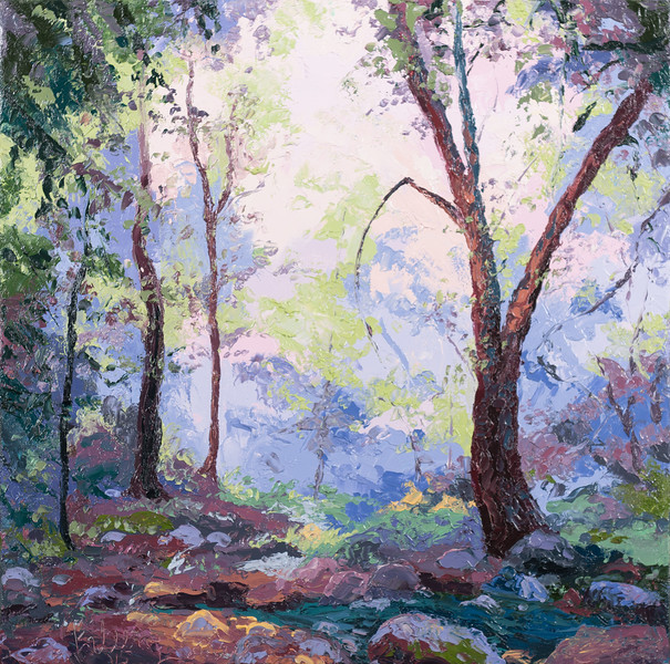 fairy_godmother, whimsical, purple_paintings, pink_paintings, trees_and_rocks